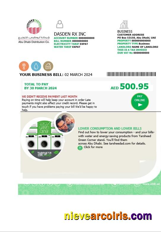 UAE Abu Dhabi Distribution Co. business utility bill